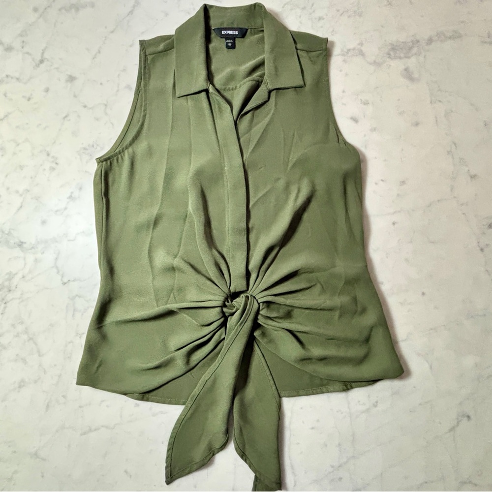Express Olive Green Tie-Front Sleeveless Blouse